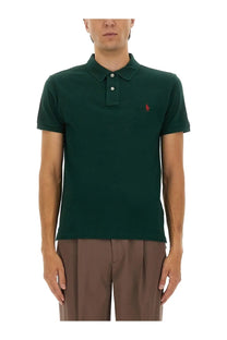 Dark green cotton polo shirt for men by polo ralph lauren with red embroidered horse logo on left chest