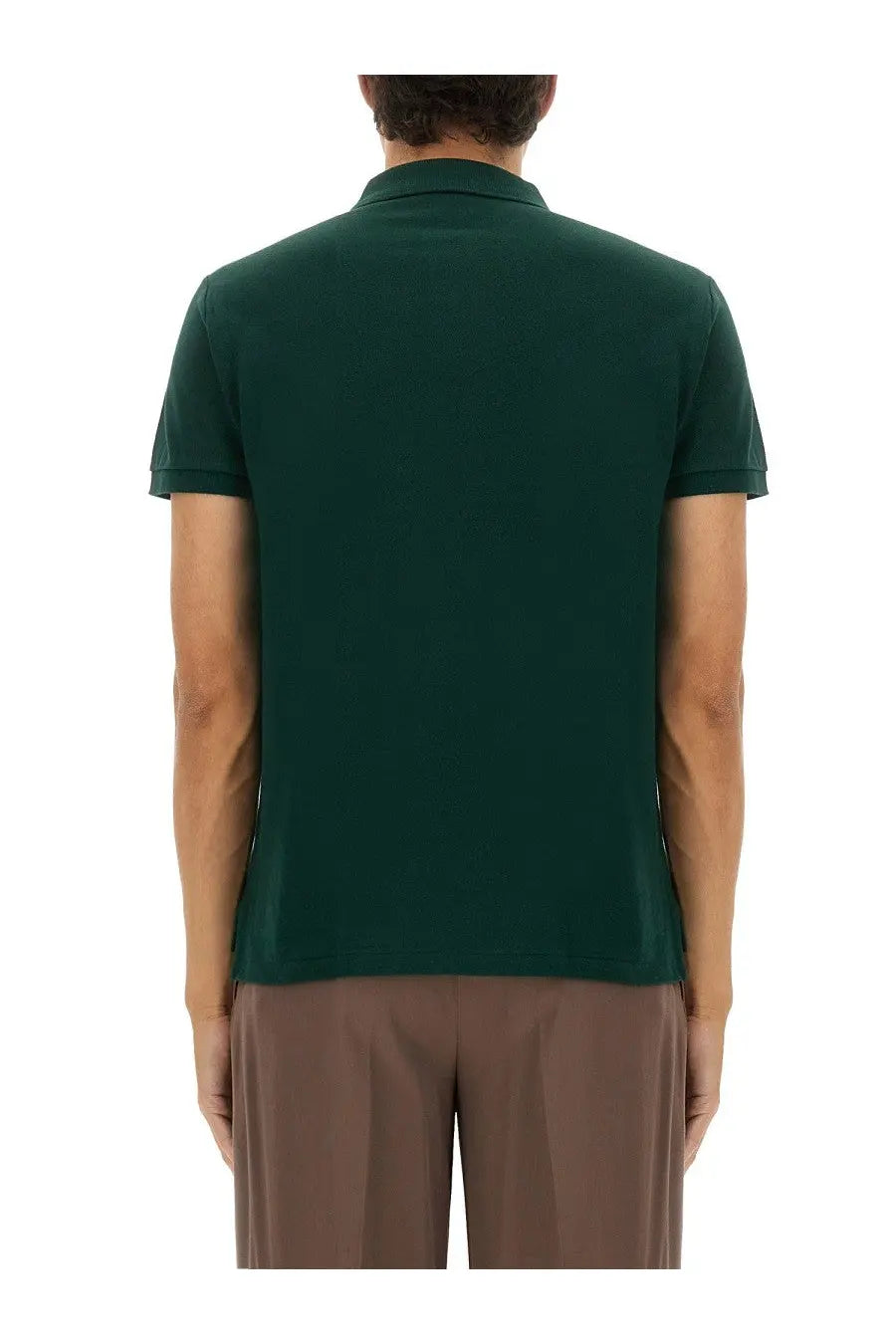 Dark green short-sleeved cotton polo shirt with classic collar and ribbed cuffs by Polo Ralph Lauren men’s polo