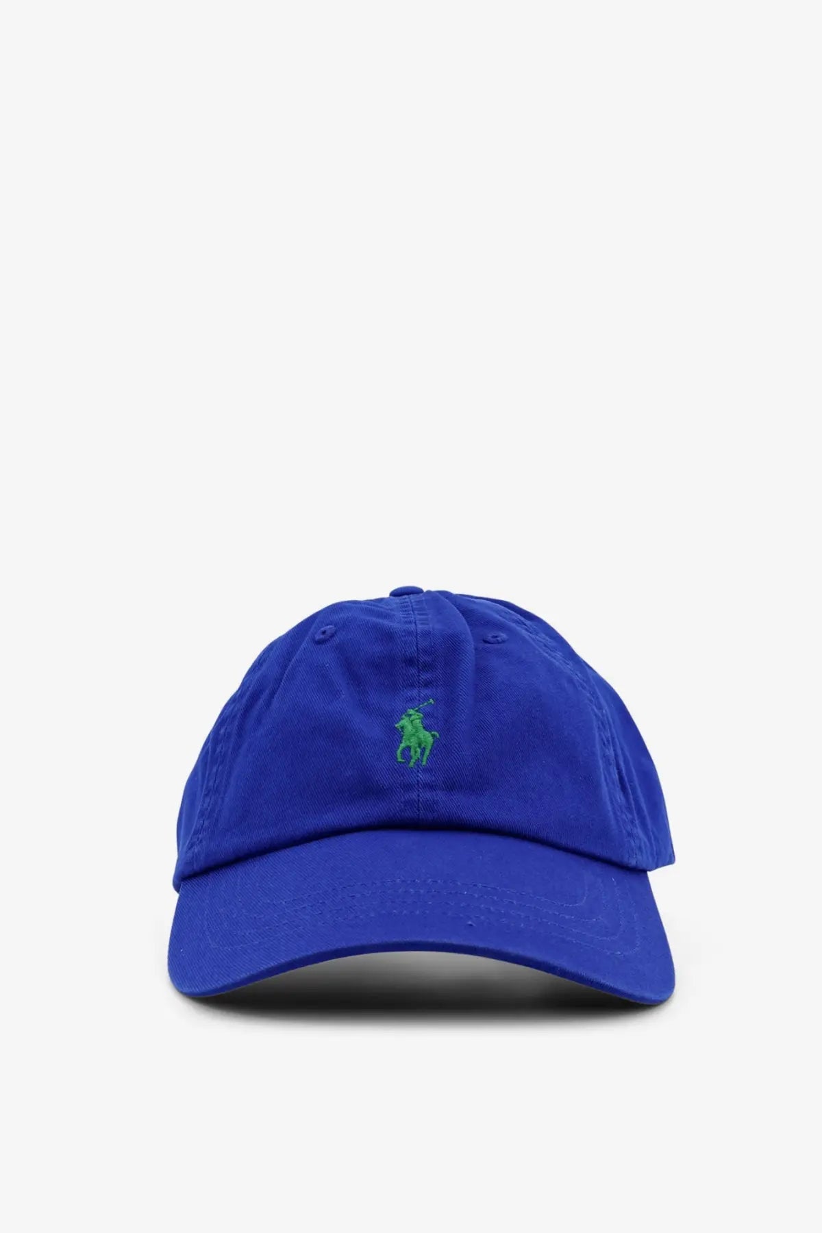 Royal blue cotton baseball cap with green embroidered polo Ralph Lauren logo on the front for men