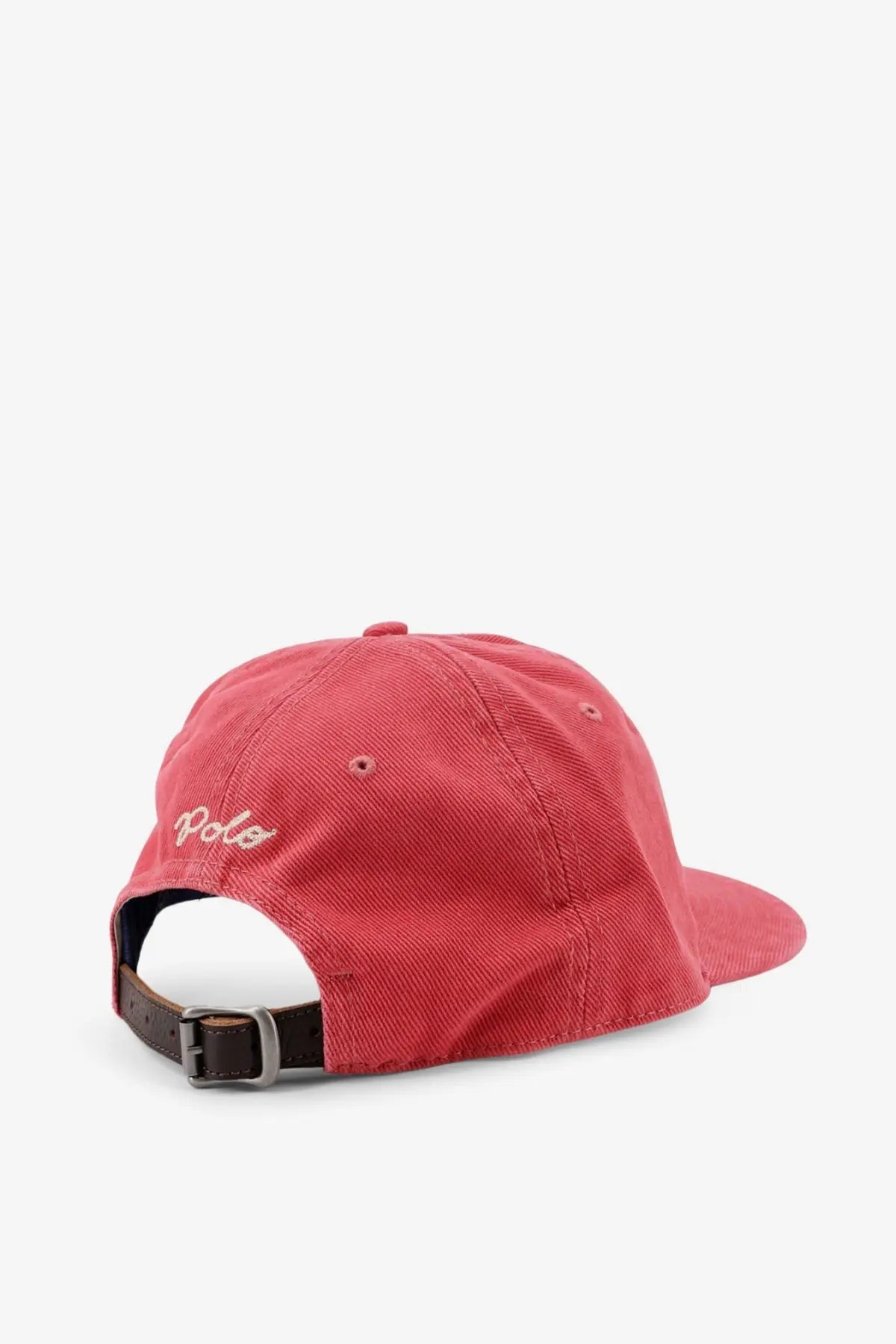 Polo Ralph Lauren men’s red cotton baseball cap with white embroidered polo logo and brown leather strap back view
