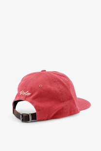 Polo Ralph Lauren men’s red cotton baseball cap with white embroidered polo logo and brown leather strap back view