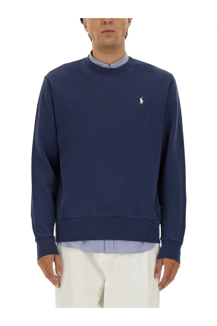 Navy blue Polo Ralph Lauren men’s cotton jersey sweatshirt with small white embroidered polo player logo on chest