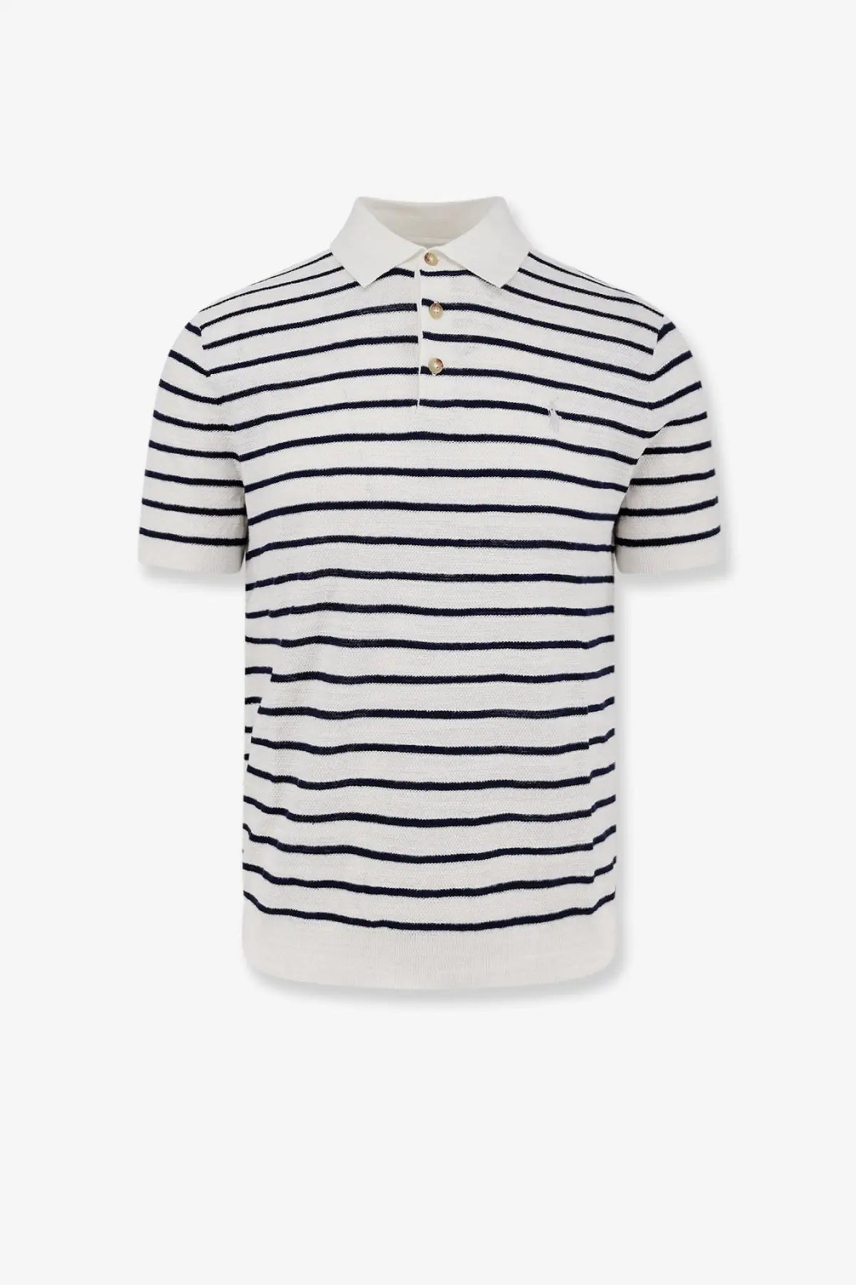 Polo ralph lauren men s classic navy and white striped short sleeve cotton and linen blend polo shirt with ribbed collar