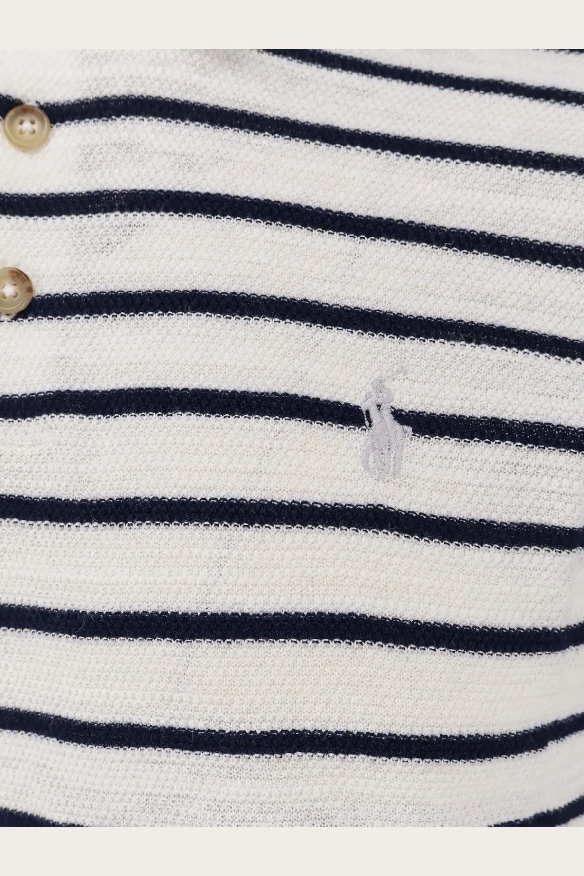 Polo ralph lauren men’s navy and white striped cotton and linen blend knit polo shirt with embroidered logo