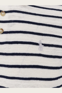 Polo ralph lauren men’s navy and white striped cotton and linen blend knit polo shirt with embroidered logo