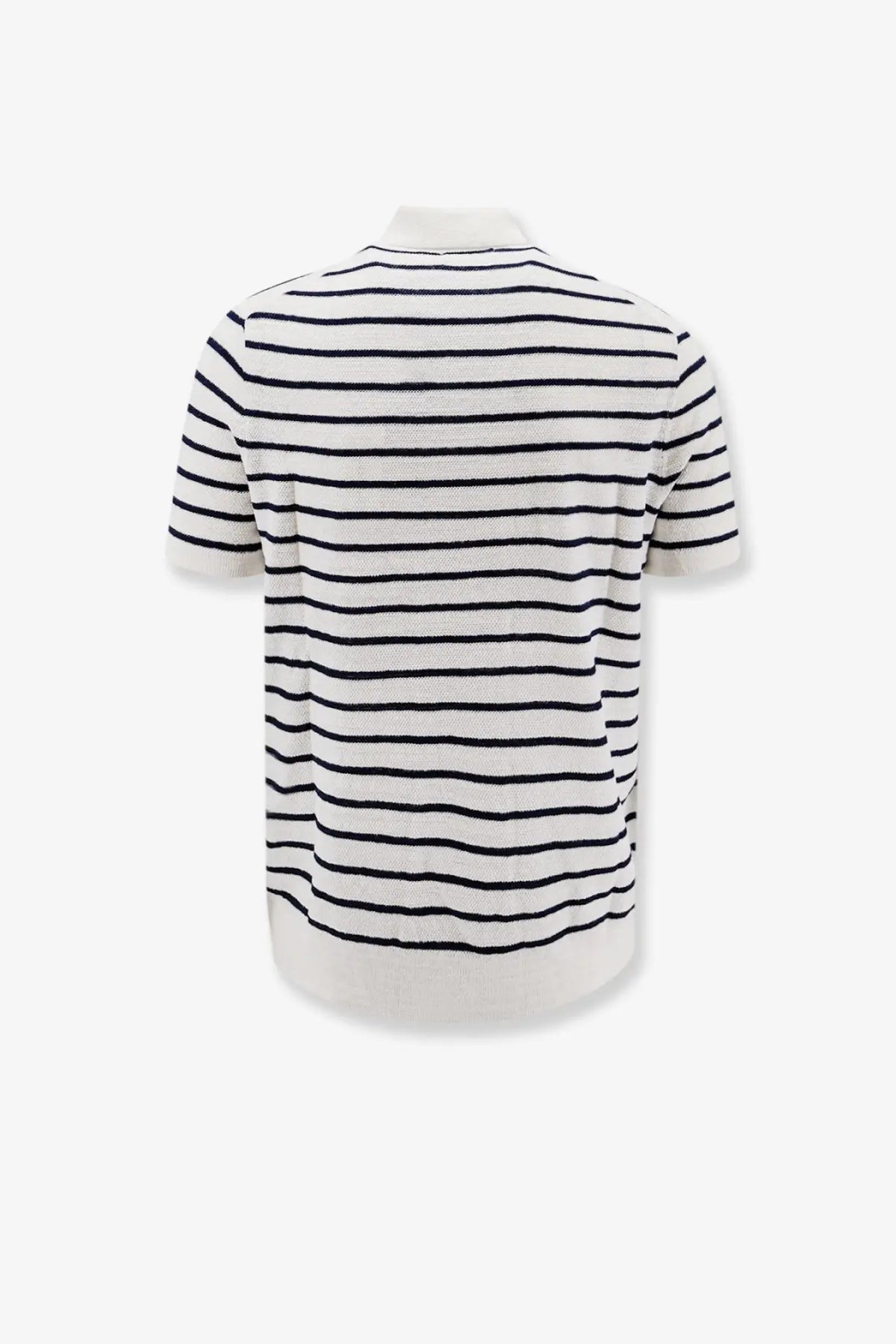 Polo Ralph Lauren men’s short-sleeved cotton and linen blend polo shirt with black and white bold horizontal stripes