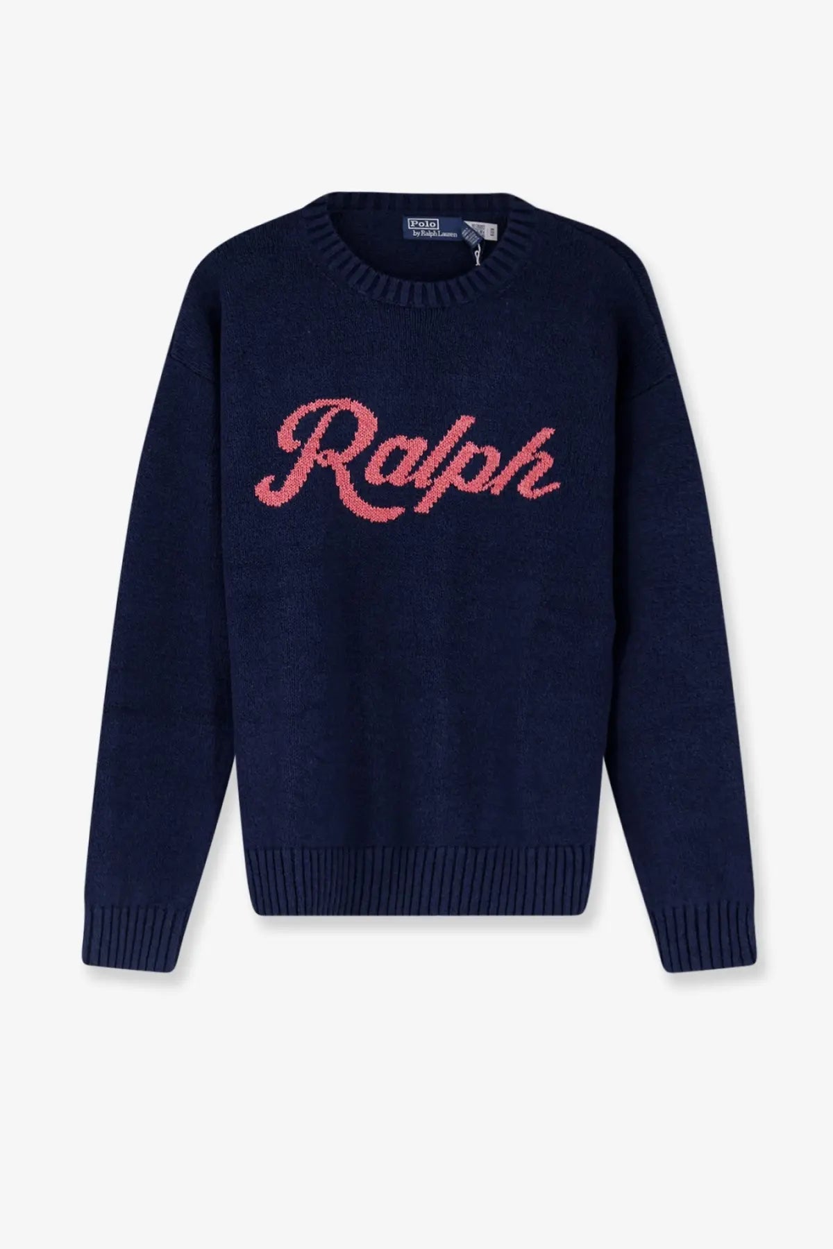 Navy blue Polo Ralph Lauren men’s cotton and linen blend sweatshirt with pink embroidered Ralph script on the chest