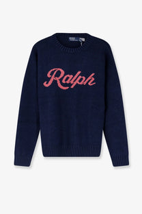 Navy blue Polo Ralph Lauren men’s cotton and linen blend sweatshirt with pink embroidered Ralph script on the chest