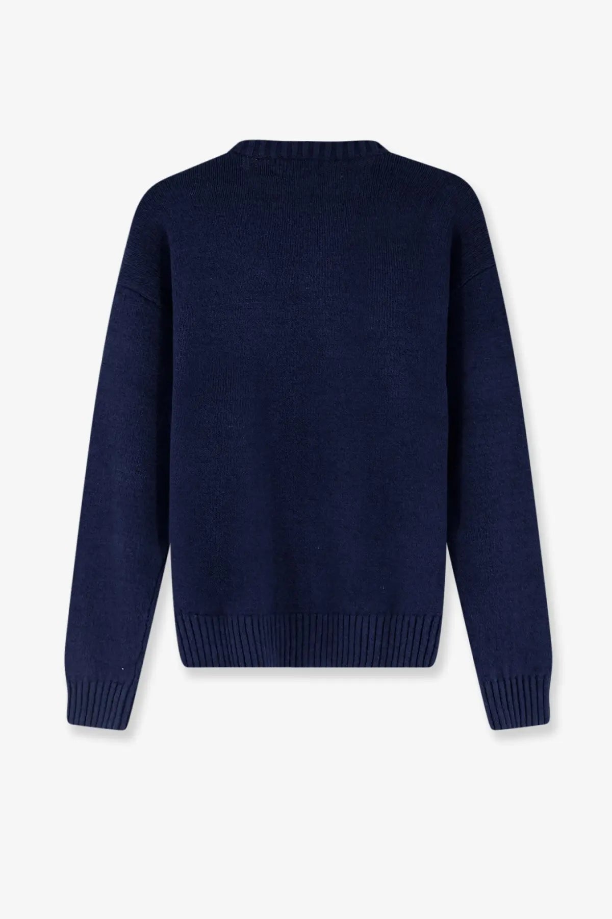 A navy blue Polo Ralph Lauren men’s cotton and linen blend knit sweater with ribbed cuffs and hem