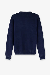 A navy blue Polo Ralph Lauren men’s cotton and linen blend knit sweater with ribbed cuffs and hem