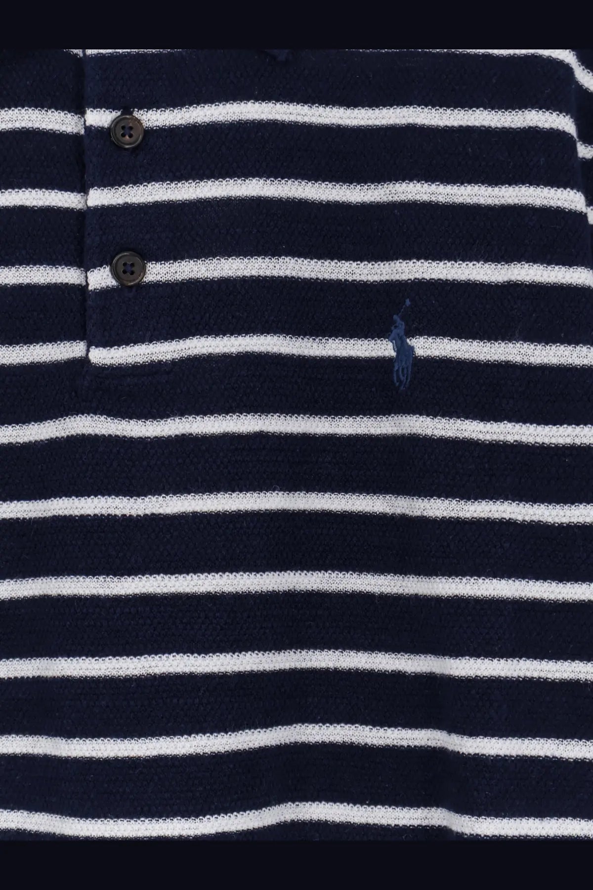 Navy blue and white striped Polo Ralph Lauren men’s cotton and linen polo shirt with embroidered logo on the chest