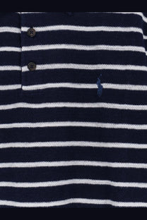 Navy blue and white striped Polo Ralph Lauren men’s cotton and linen polo shirt with embroidered logo on the chest