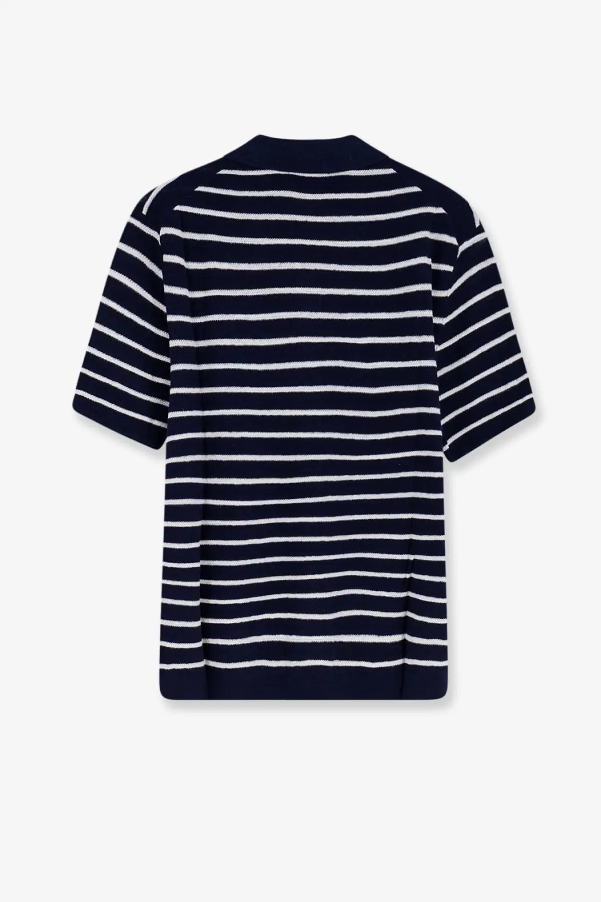 Navy blue and white striped short-sleeved knit polo shirt in cotton and linen by Polo Ralph Lauren for men
