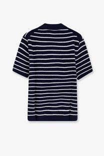 Navy blue and white striped short-sleeved knit polo shirt in cotton and linen by Polo Ralph Lauren for men