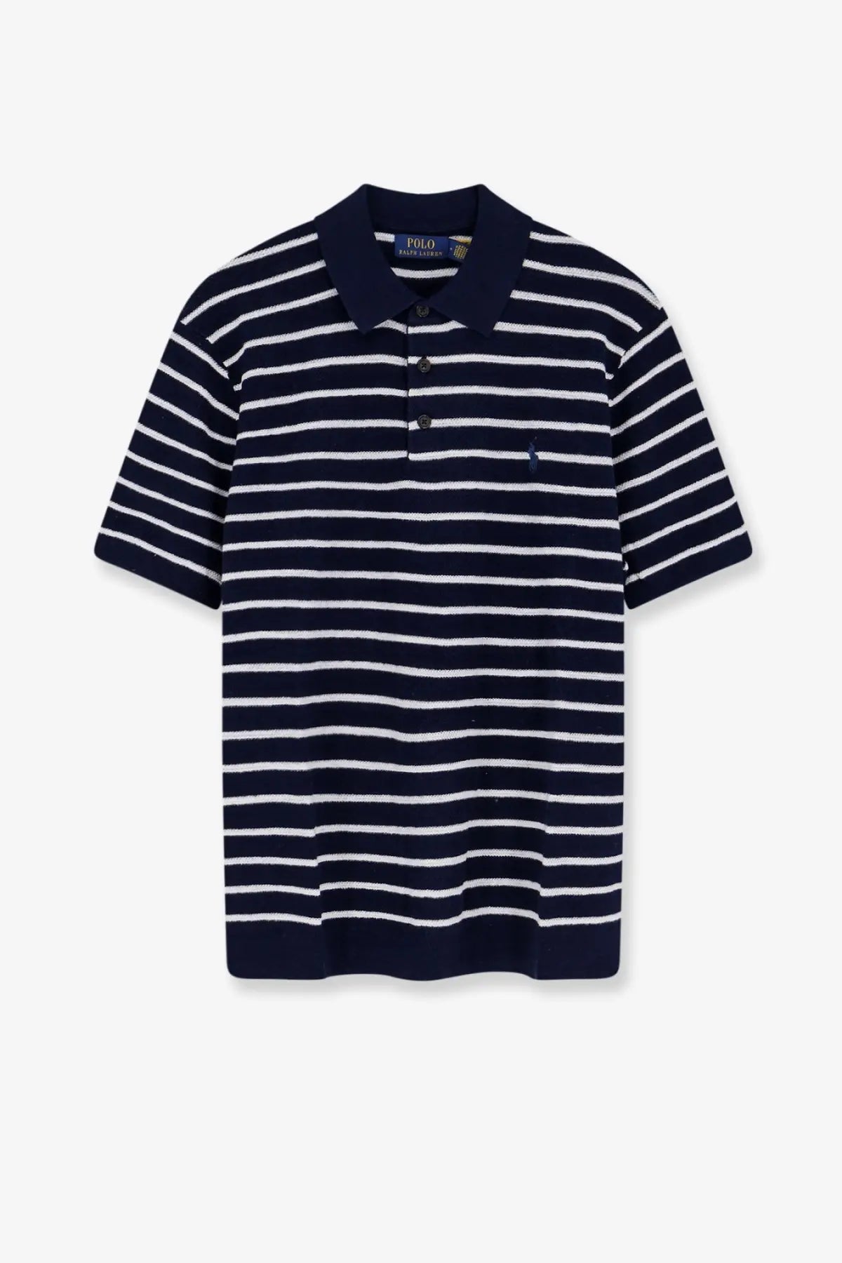 Polo ralph lauren men’s cotton and linen polo shirt in navy blue and white stripes with classic collar and embroidered logo