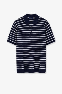 Polo ralph lauren men’s cotton and linen polo shirt in navy blue and white stripes with classic collar and embroidered logo