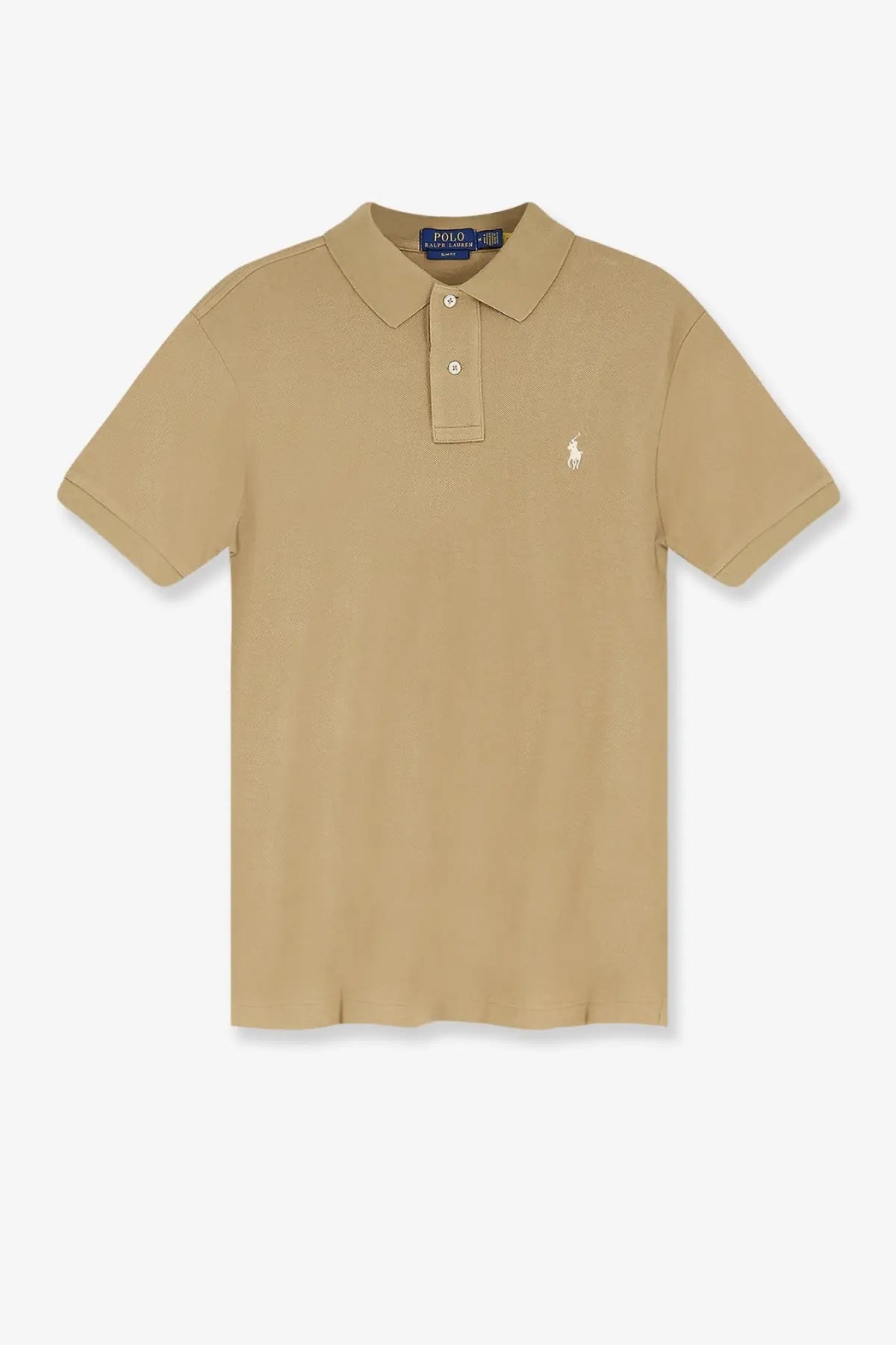 Beige polo ralph lauren men’s cotton polo shirt with classic collar short sleeves and embroidered logo on left chest