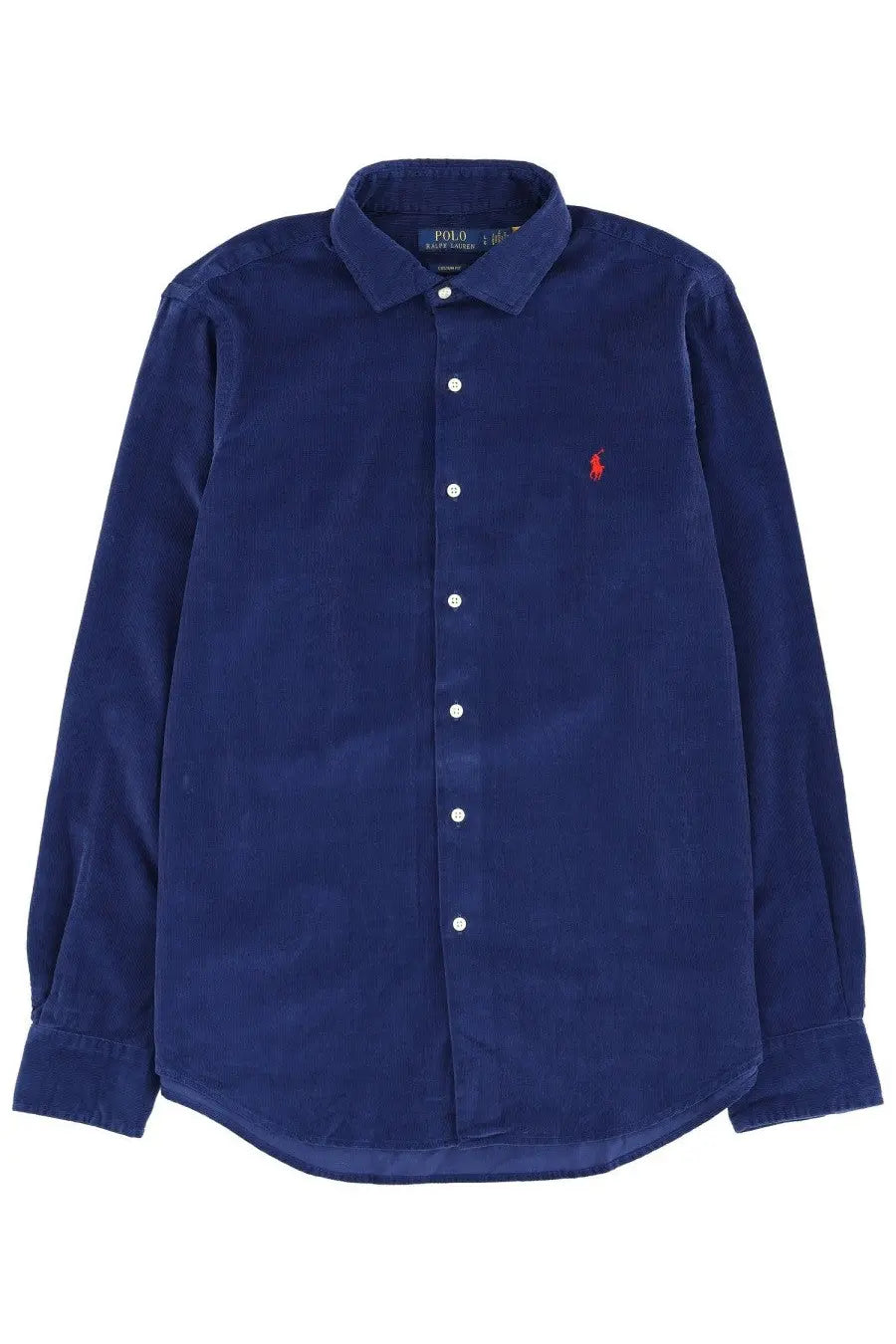 Navy blue corduroy Polo Ralph Lauren men’s cotton button-down shirt with red embroidered polo player logo on left chest