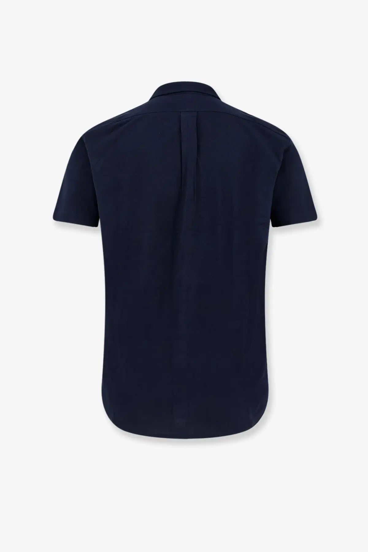 Back view of navy blue cotton polo ralph lauren men’s short-sleeved button-down shirt with central seam and collar