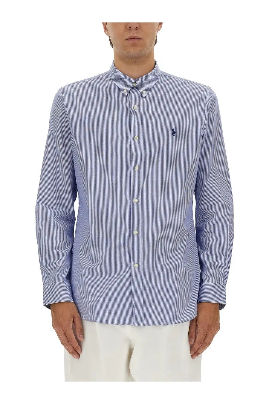 Polo Ralph Lauren men’s blue and white striped cotton shirt with long sleeves and embroidered polo player logo
