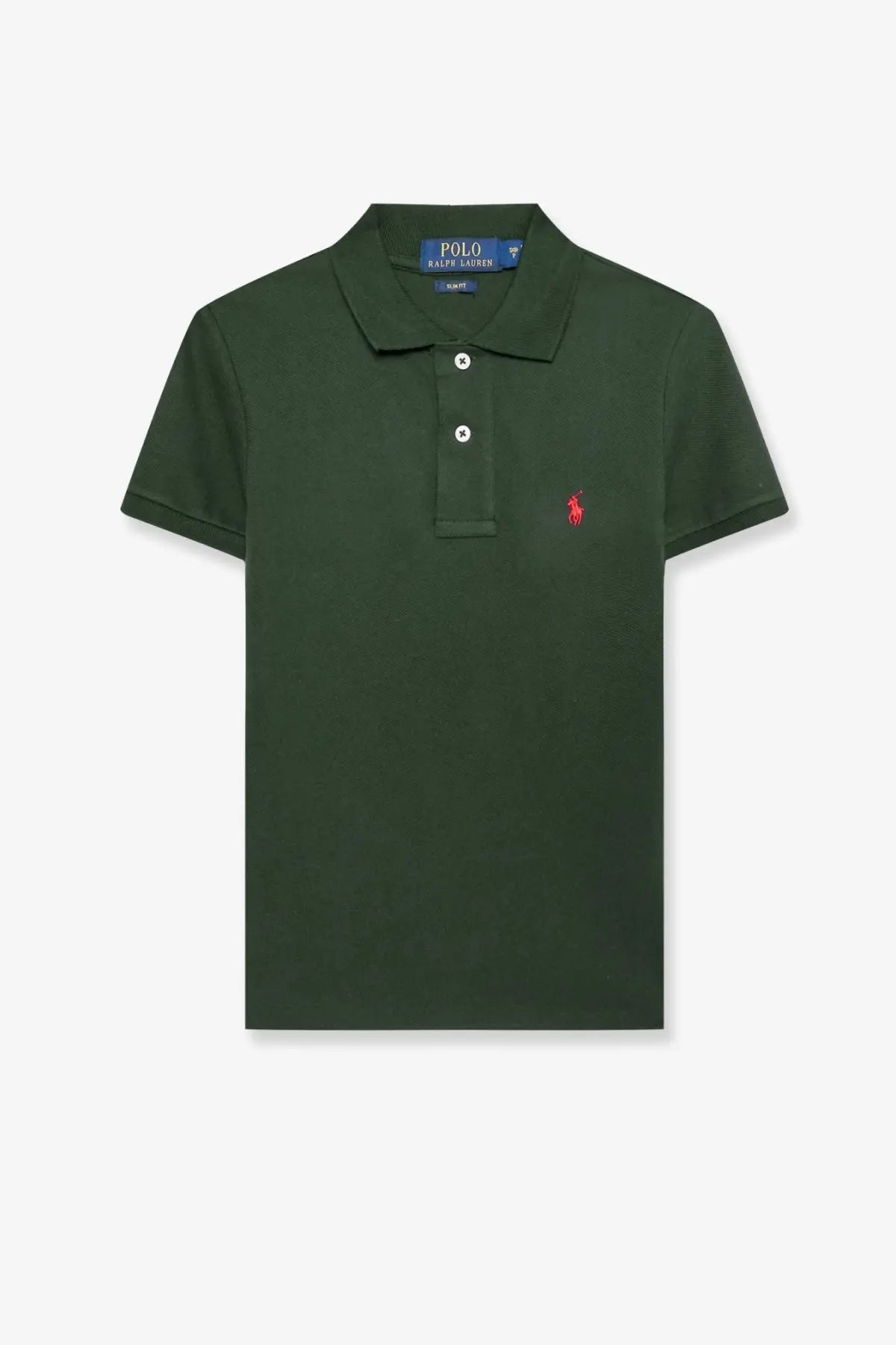 Polo ralph lauren men’s cotton polo shirt in dark green with red embroidered logo and white buttons on the left chest