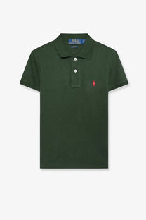 Polo ralph lauren men’s cotton polo shirt in dark green with red embroidered logo and white buttons on the left chest