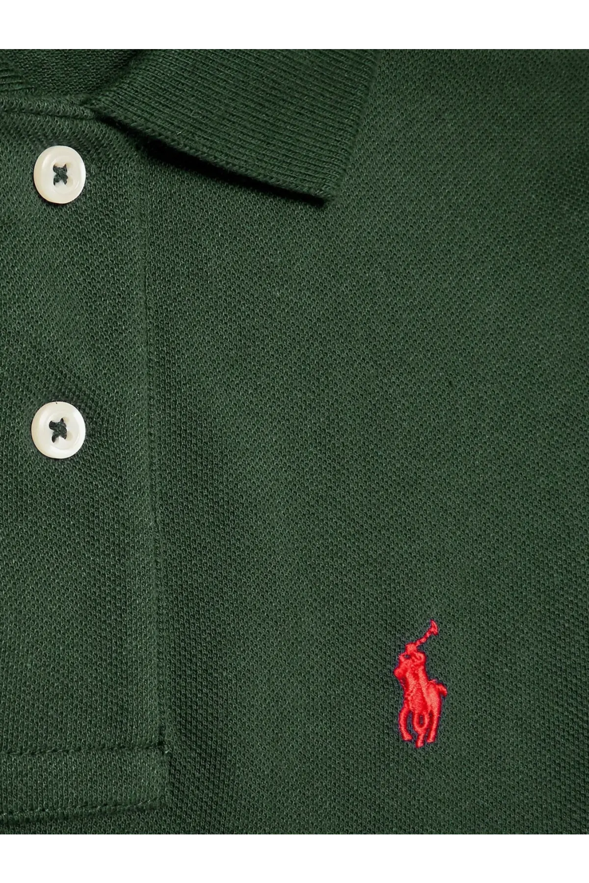 Dark green cotton polo shirt for men featuring a red embroidered ralph lauren logo and white buttons
