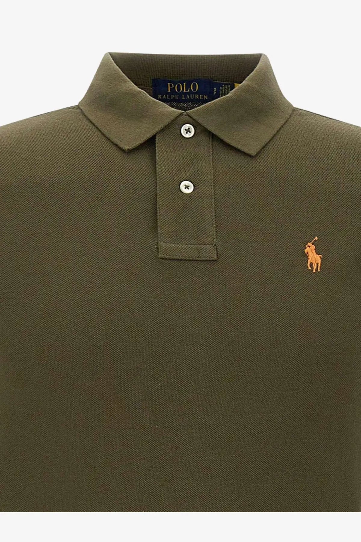 Polo Ralph Lauren men’s olive green cotton polo shirt with classic collar white buttons and orange embroidered horse logo