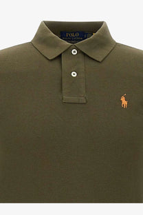 Polo Ralph Lauren men’s olive green cotton polo shirt with classic collar white buttons and orange embroidered horse logo