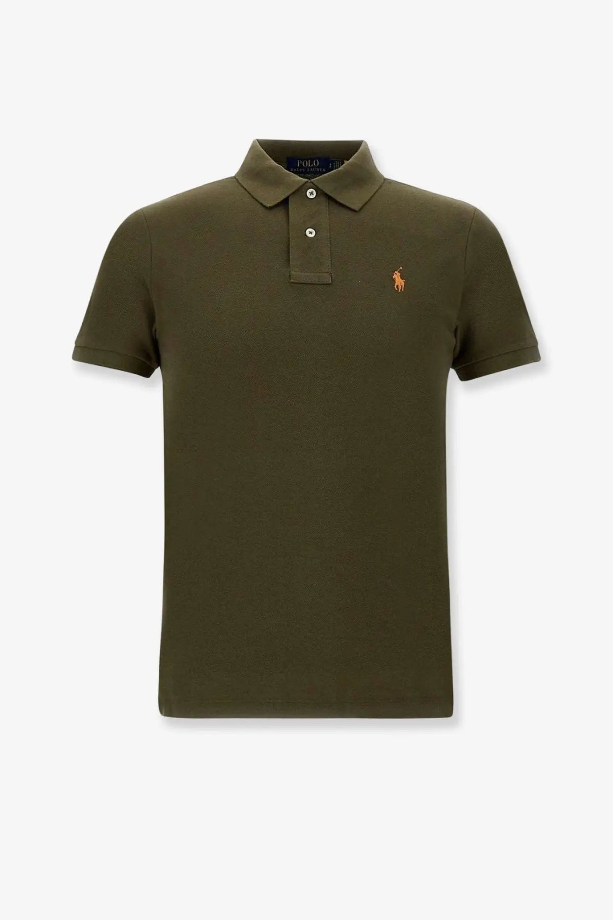 Polo Ralph Lauren men’s olive green cotton polo shirt with classic collar white buttons and orange horse logo on chest