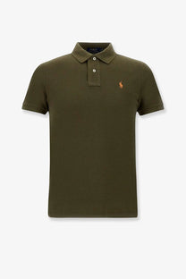 Polo Ralph Lauren men’s olive green cotton polo shirt with classic collar white buttons and orange horse logo on chest