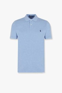 Light blue heathered cotton polo shirt with navy embroidered ralph lauren logo and button-down collar from polo ralph lauren