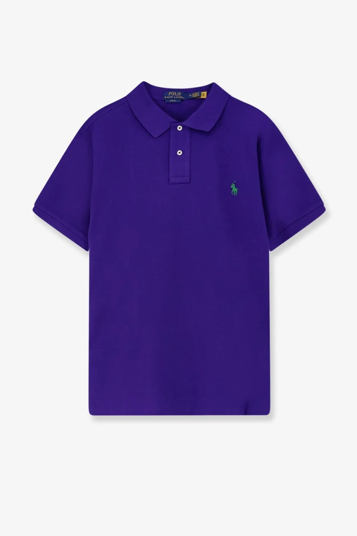 Polo Ralph Lauren men’s purple cotton polo shirt with green embroidered logo and white buttons on the left chest