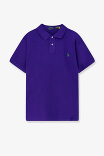 Polo Ralph Lauren men’s purple cotton polo shirt with green embroidered logo and white buttons on the left chest