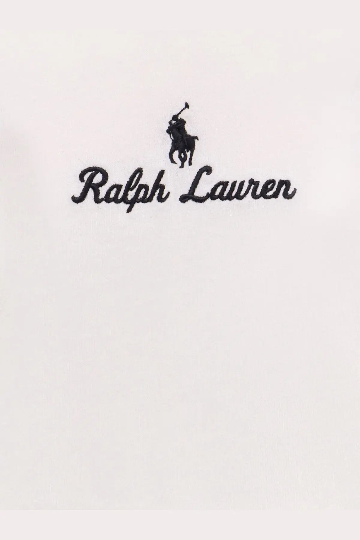 Black embroidered Ralph Lauren polo player logo above brand name on white cotton Polo Ralph Lauren men’s shirt