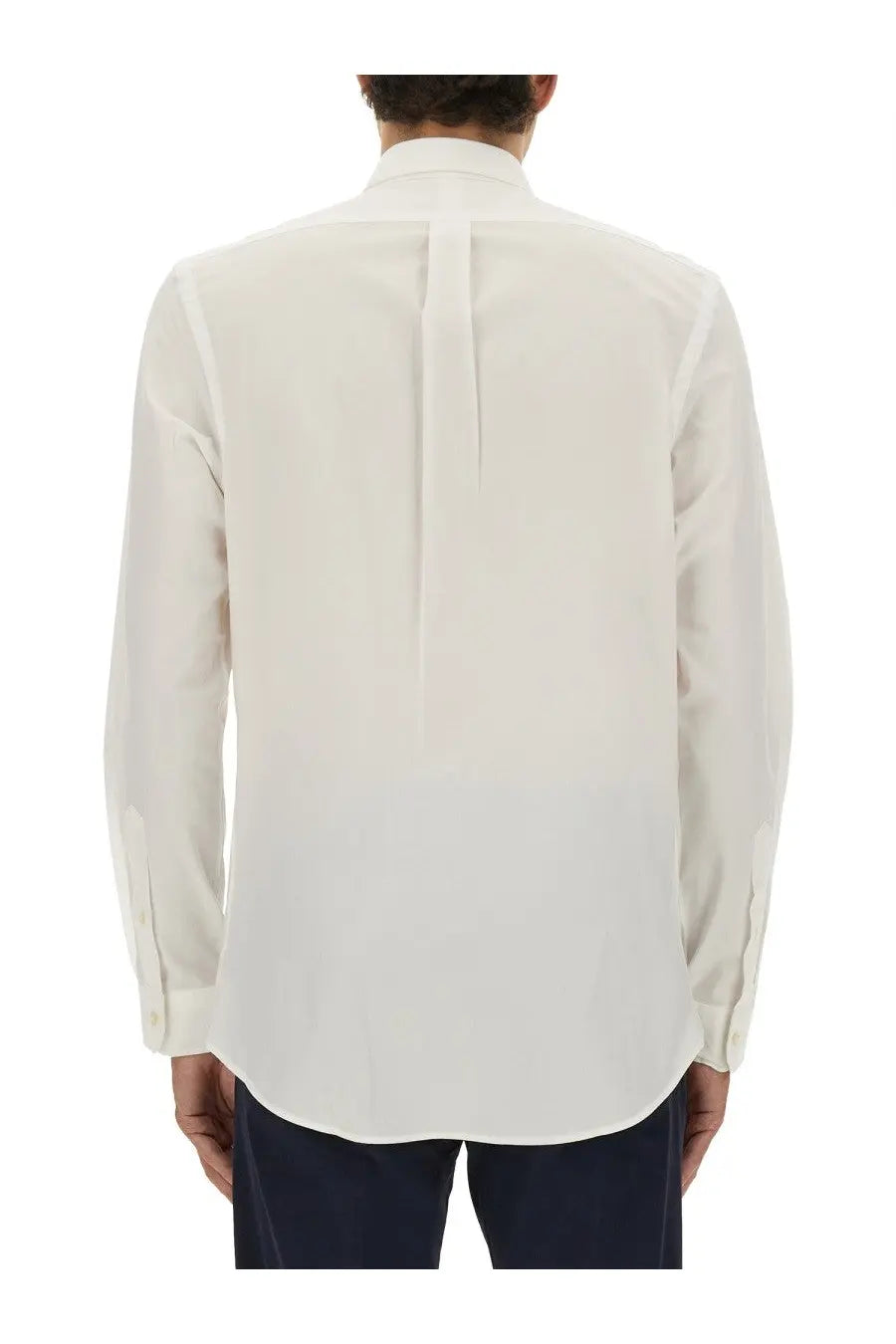 Polo Ralph Lauren men’s white cotton dress shirt with classic collar and subtle back pleat shown from the back side