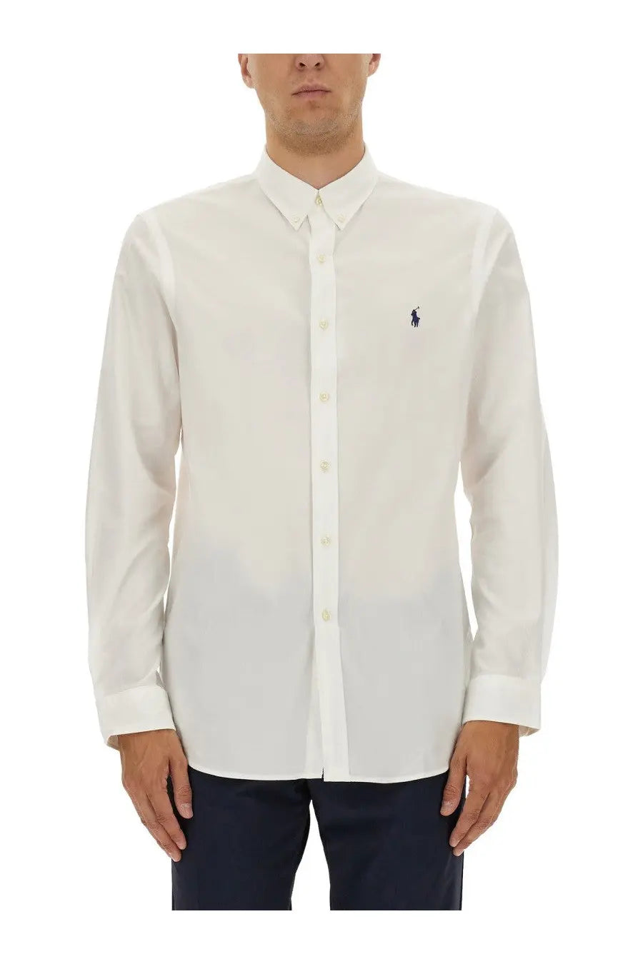 Polo Ralph Lauren men’s white cotton shirt with long sleeves and navy blue embroidered polo player logo on chest