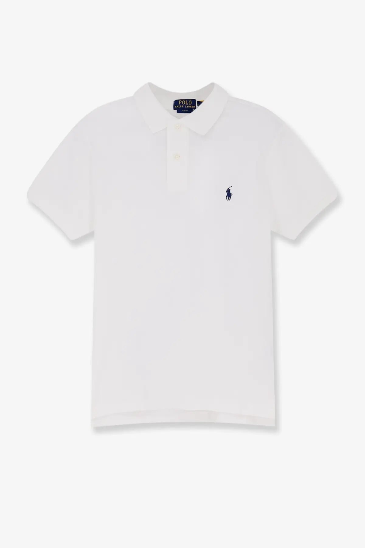 White polo shirt by Polo Ralph Lauren with navy blue embroidered logo and collar tag made of cotton