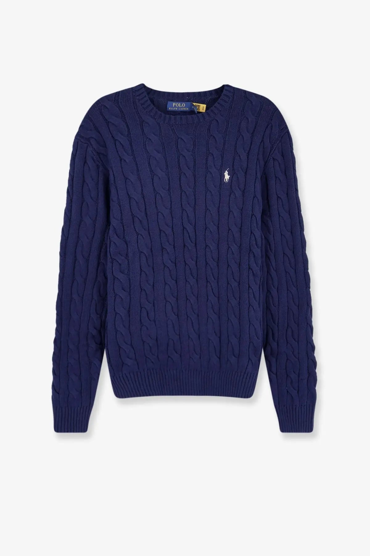 Navy blue cable knit cotton sweater with white embroidered polo player logo on left chest by Polo Ralph Lauren men