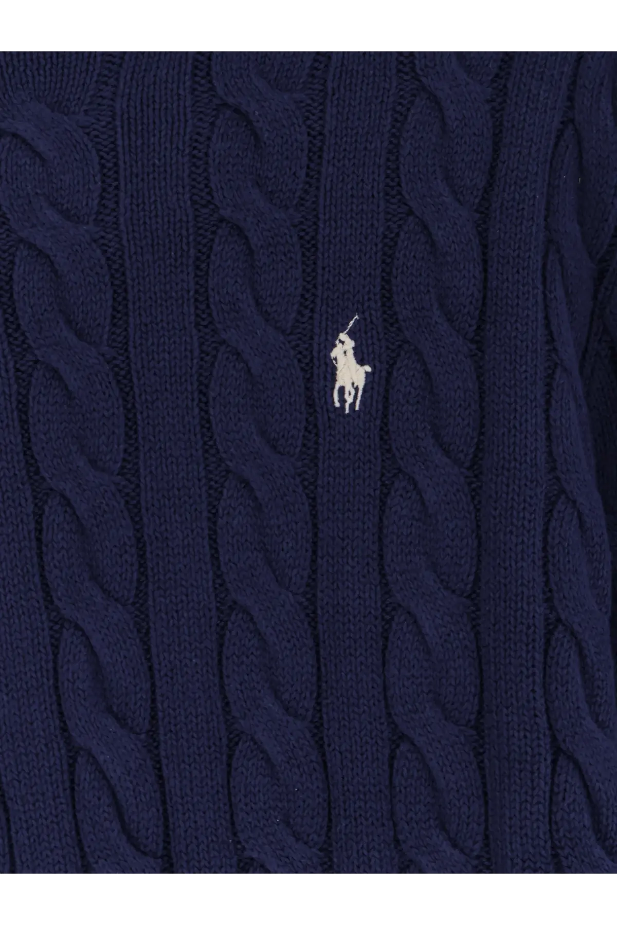 Navy blue cotton cable knit sweater with white embroidered Polo Ralph Lauren logo for men