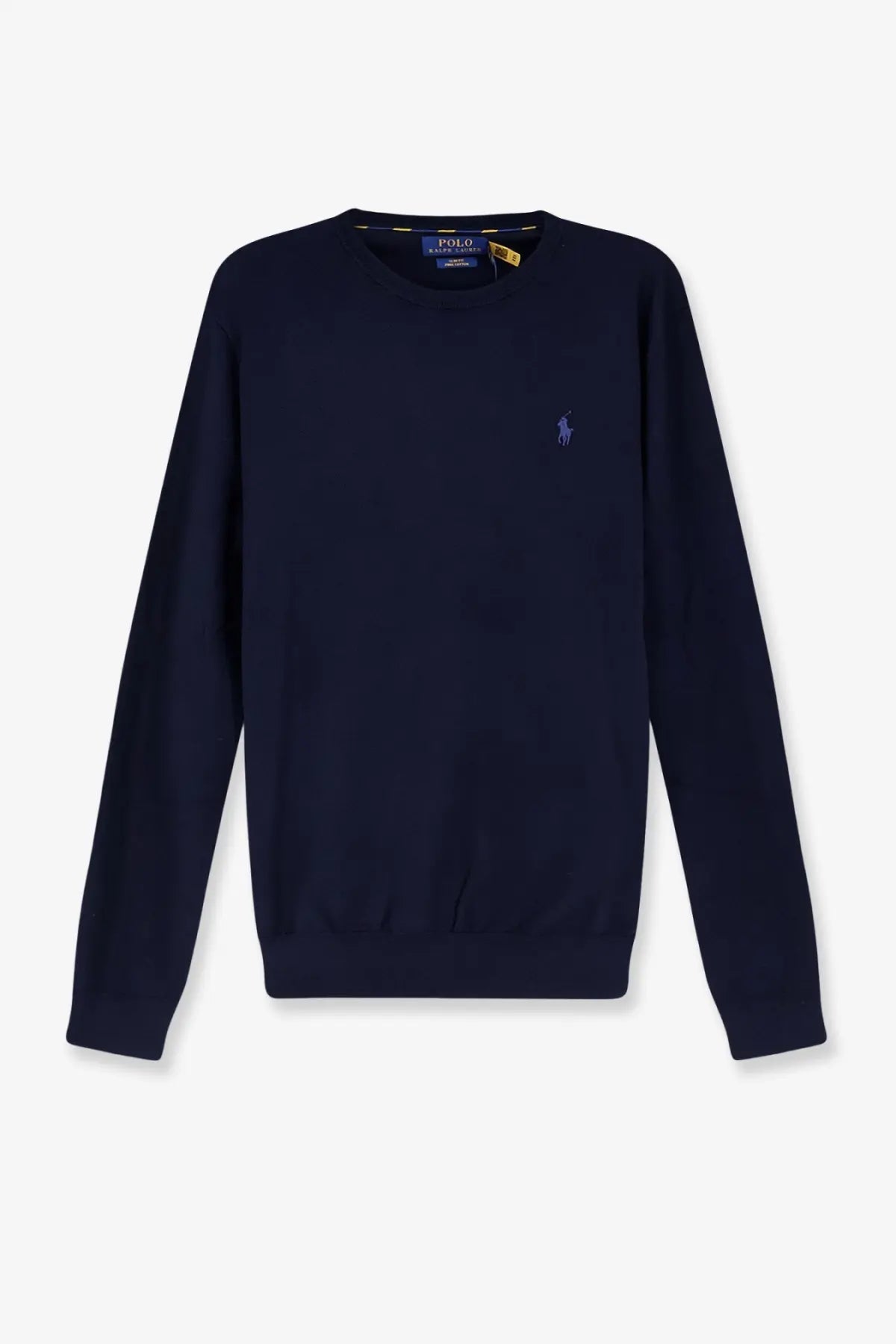 Navy blue cotton long-sleeved crewneck sweater with embroidered polo player logo by polo ralph lauren
