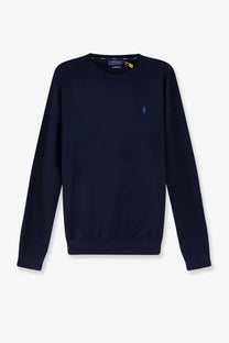 Navy blue cotton long-sleeved crewneck sweater with embroidered polo player logo by polo ralph lauren