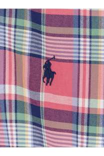 A navy blue embroidered polo player logo on vibrant multicolored plaid fabric of Polo Ralph Lauren men’s custom fit cotton shirt blue