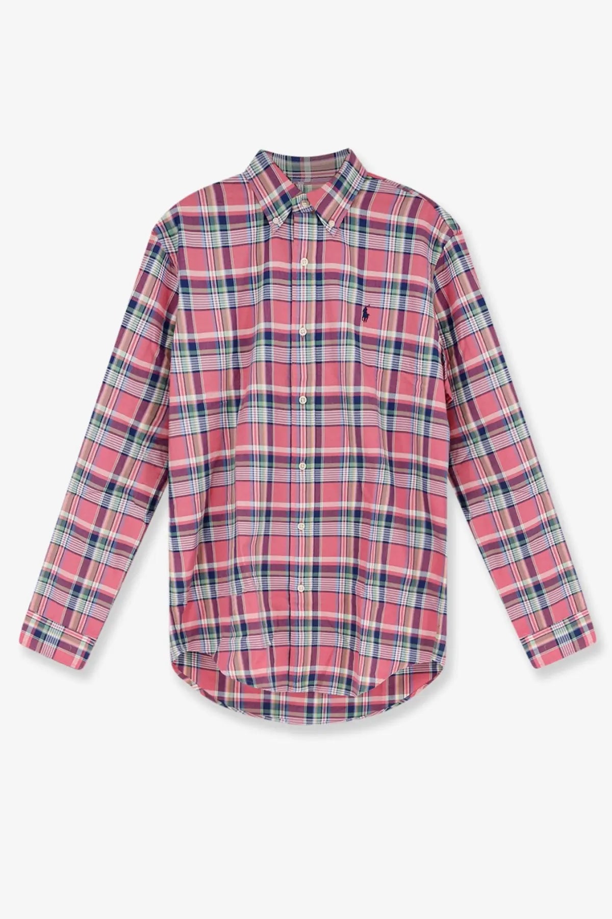 Polo Ralph Lauren men’s custom fit cotton shirt in pink and navy plaid with classic collar and embroidered logo