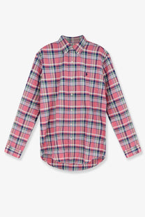 Polo Ralph Lauren men’s custom fit cotton shirt in pink and navy plaid with classic collar and embroidered logo