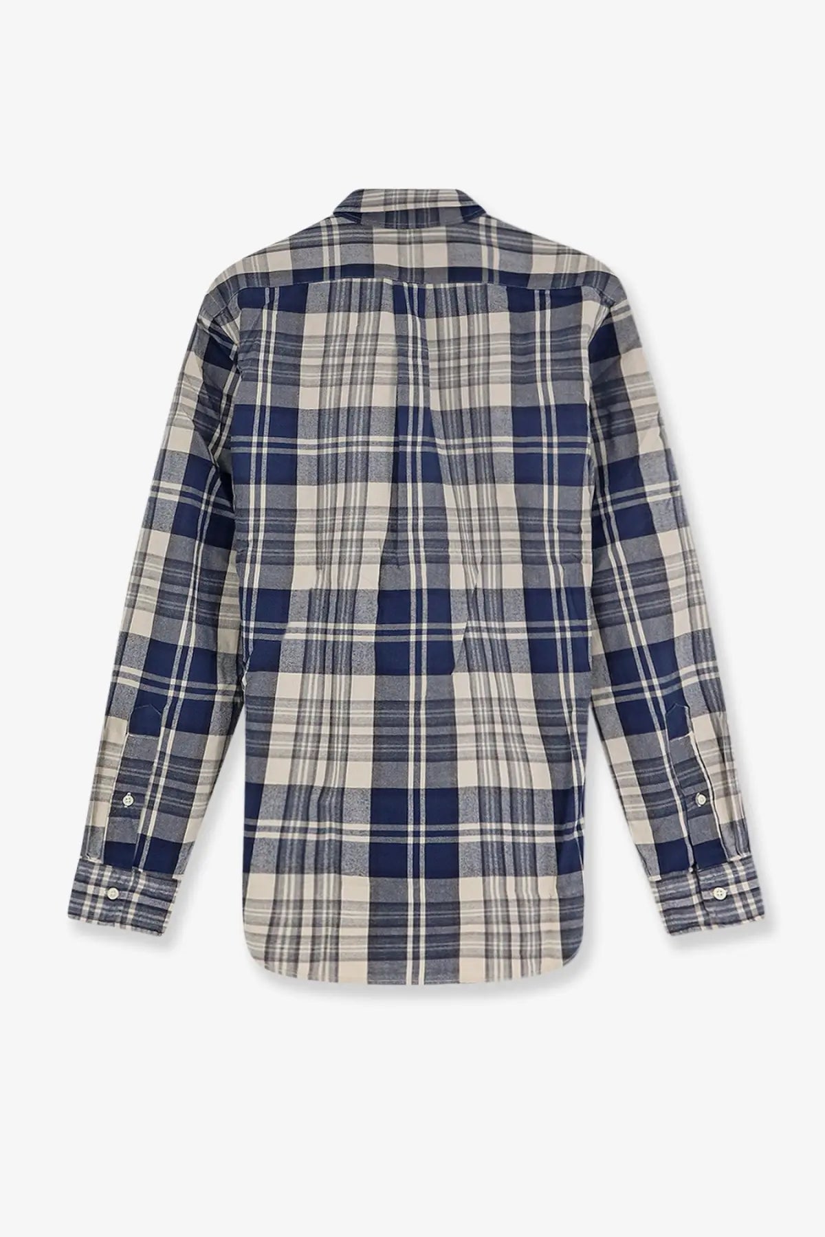 Polo Ralph Lauren men’s custom fit cotton shirt in navy and beige plaid with long sleeves and classic collar
