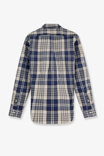 Polo Ralph Lauren men’s custom fit cotton shirt in navy and beige plaid with long sleeves and classic collar