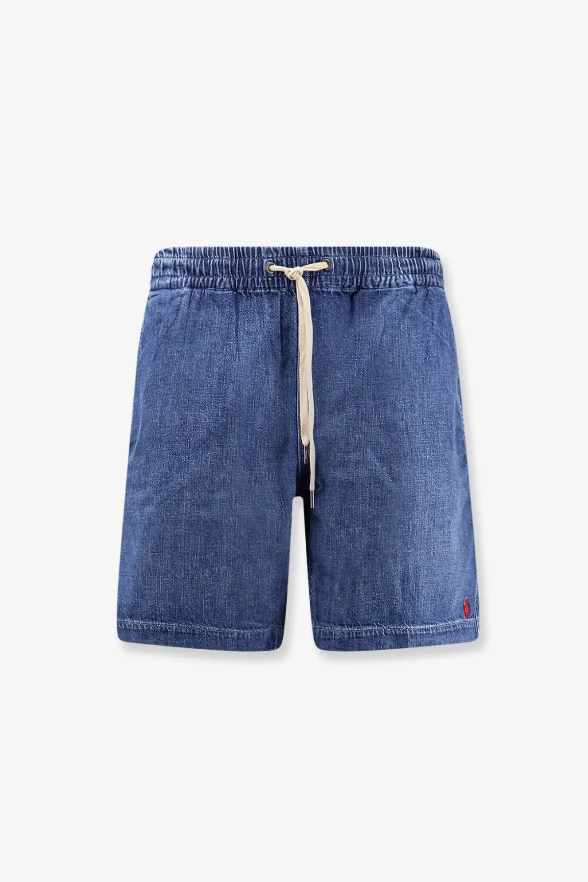 Polo ralph lauren men’s denim bermuda shorts in blue with beige drawstring and red embroidered logo on lower right leg