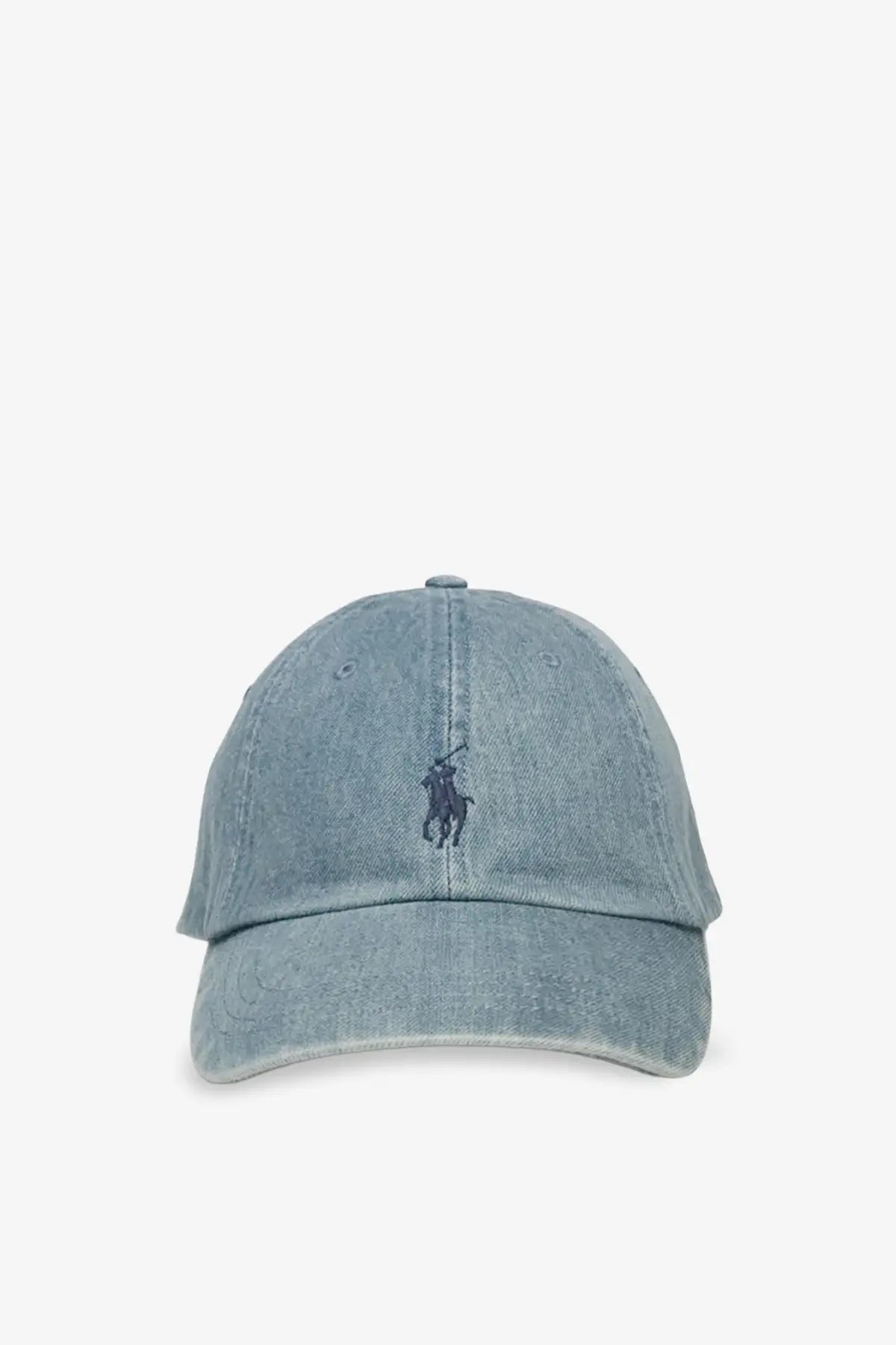 A light blue denim baseball cap with dark navy embroidered Polo Ralph Lauren logo on the front