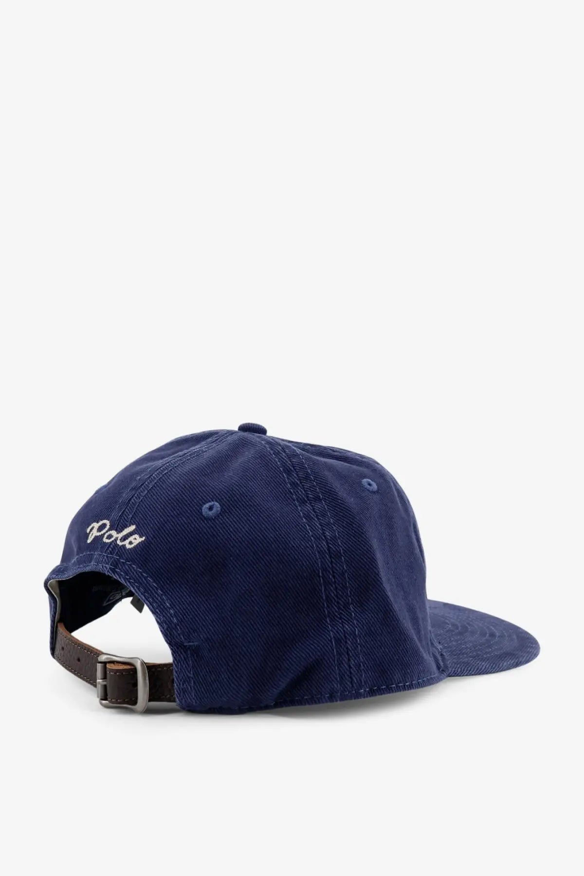 Navy blue corduroy baseball cap with white embroidered polo logo and brown leather strap by Polo Ralph Lauren